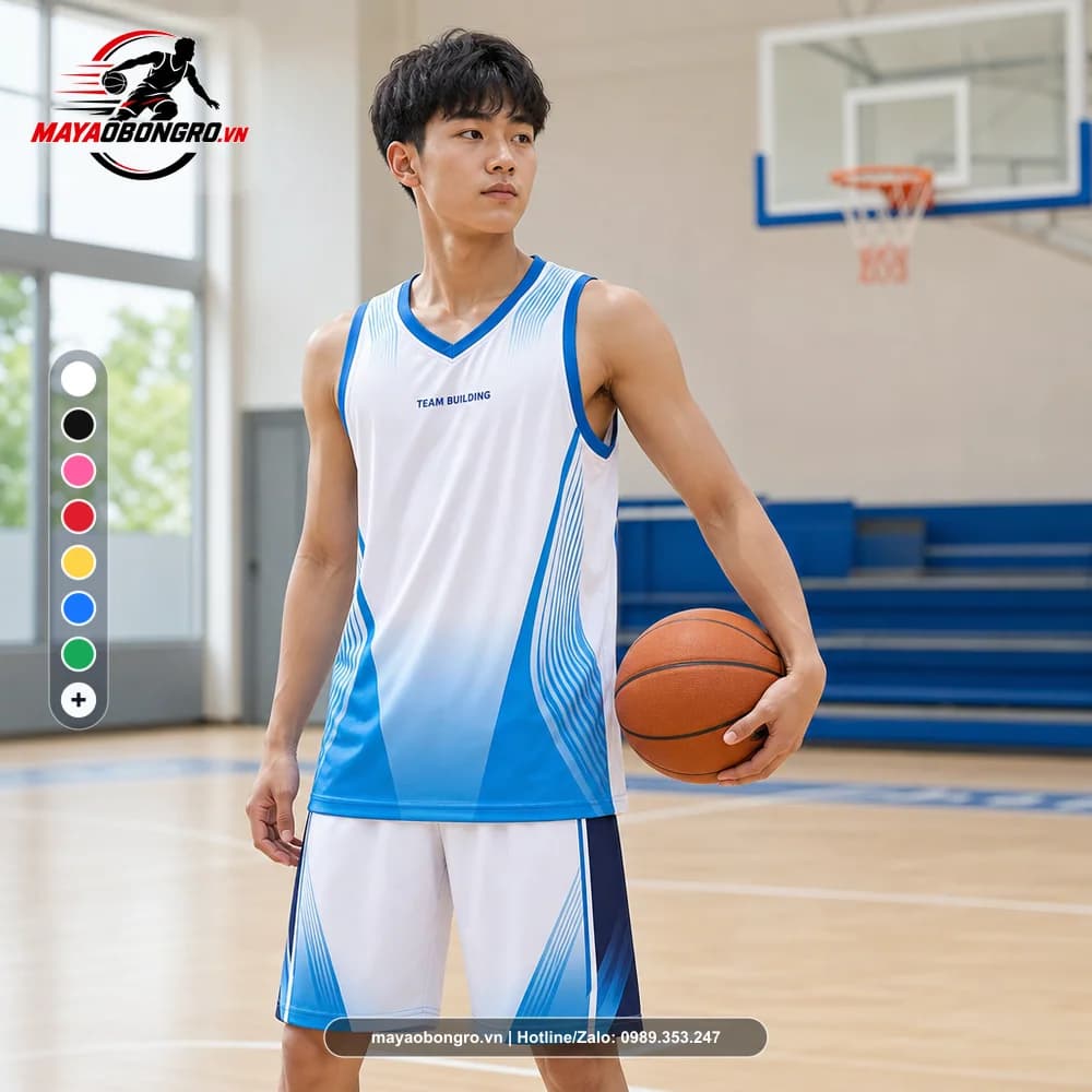 Ảnh mẫu học sinh cấp 3 mặc bộ quần áo bóng rổ Team Building trắng xanh X24-BR-003
