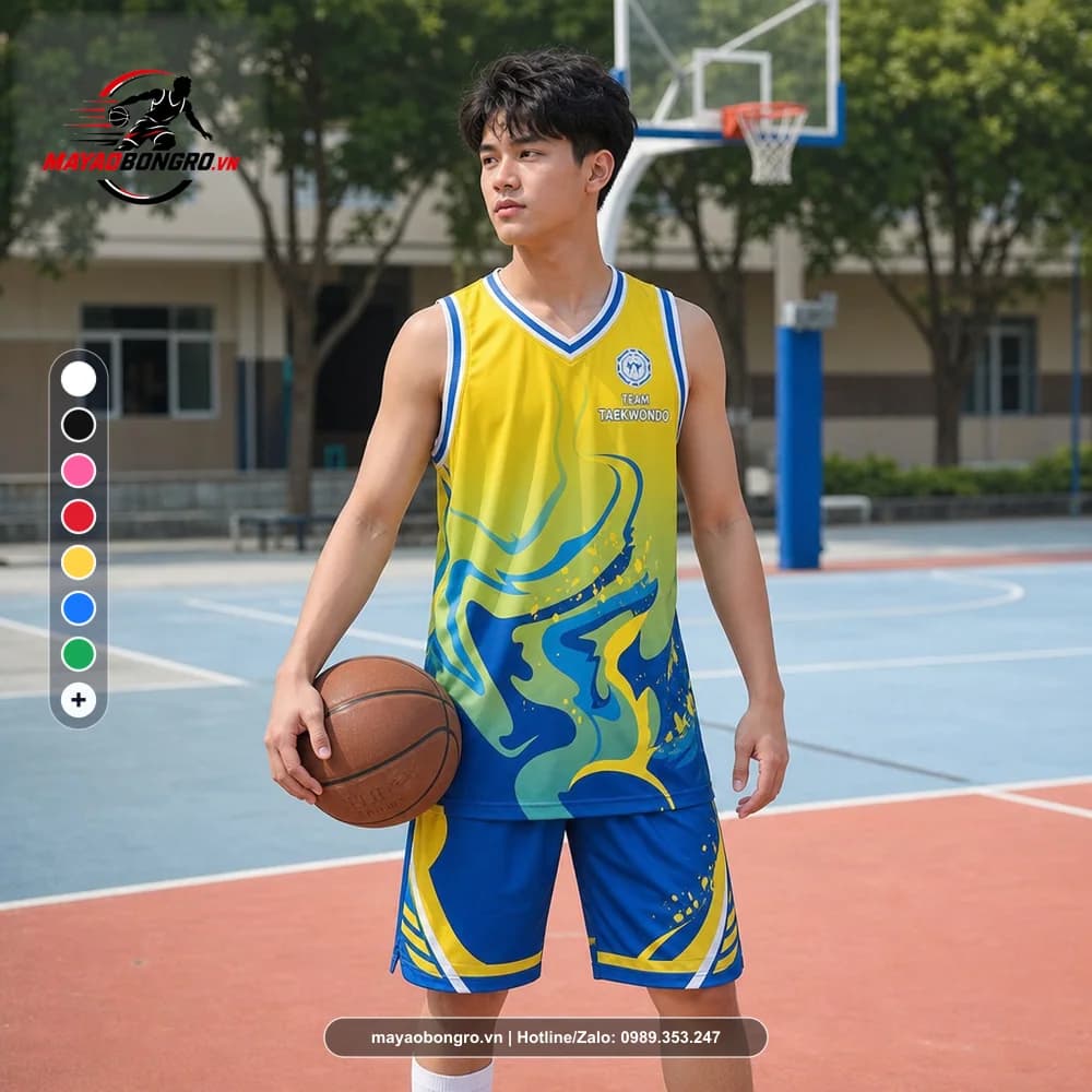 Ảnh mẫu học sinh cấp 3 mặc Bộ Quần Áo Bóng Rổ Team Taekwondo Vàng Xanh X24-BR-013