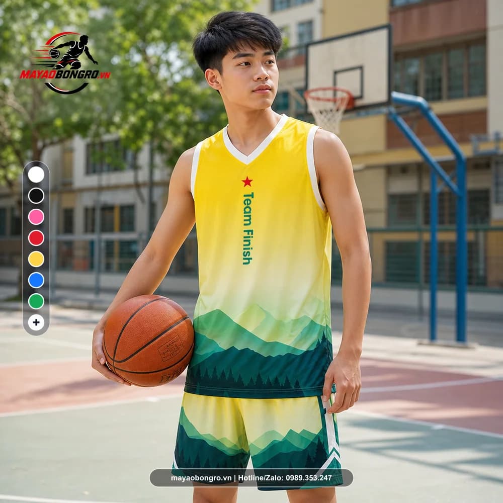 Ảnh mẫu học sinh cấp 3 mặc Bộ Quần Áo Bóng Rổ Team Finish Vàng Gradient X24-BR-015