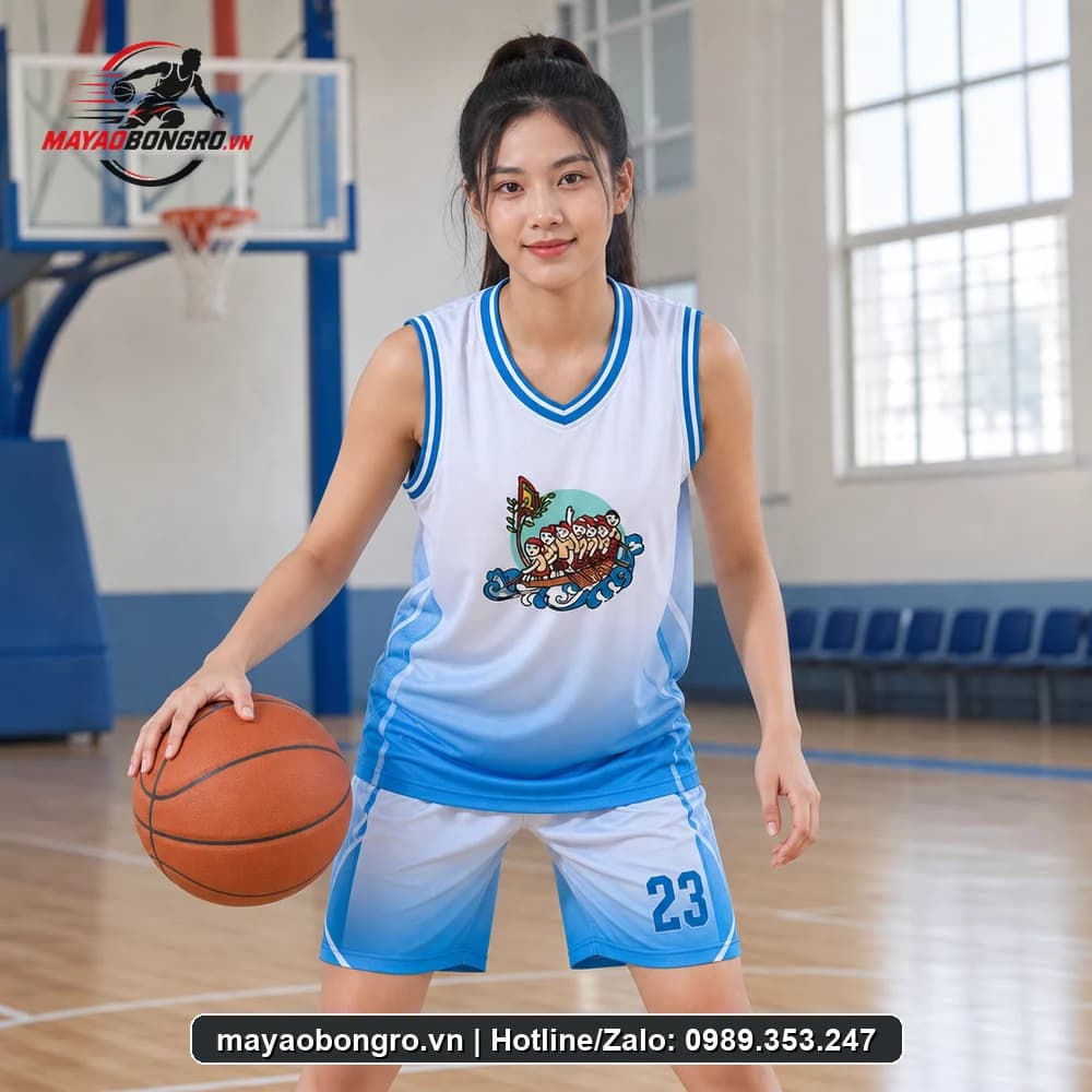 Mẫu bóng rổ Trắng Xanh cho học sinh trung học phổ thông, người lớn.