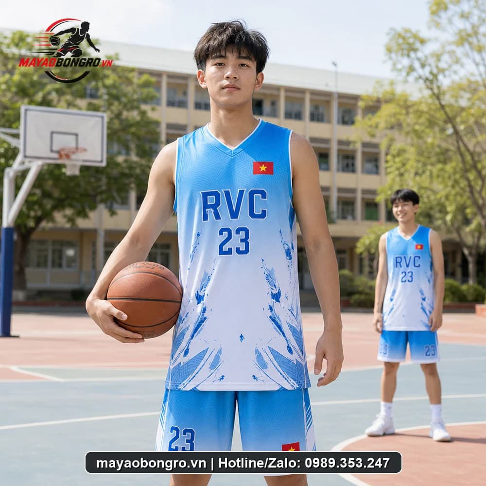 Mẫu bóng rổ xanh nhạt RVC cho học sinh trung học phổ thông, người lớn.
