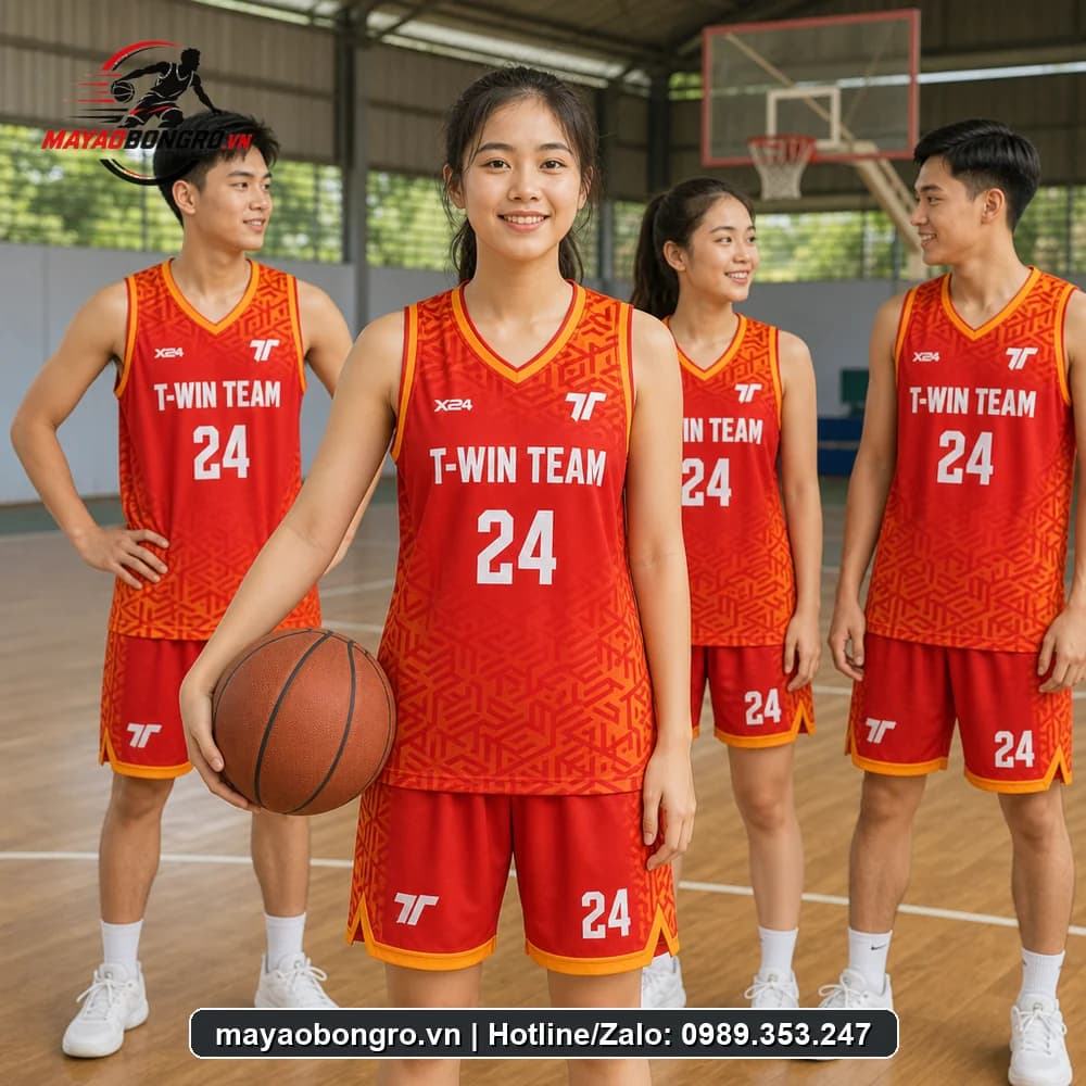 Mẫu bóng rổ Twin Team đỏ vàng cho học sinh trung học phổ thông, người lớn.