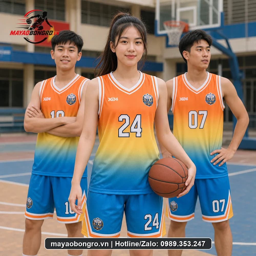 Mẫu bóng rổ Cam Vàng Xanh Dương cho học sinh trung học phổ thông, người lớn.