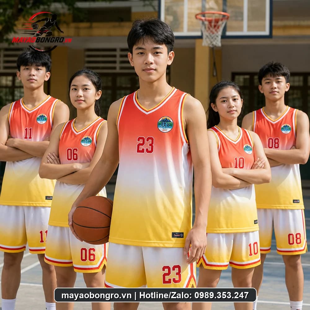 Mẫu bóng rổ Đỏ Trắng Vàng cho học sinh trung học phổ thông, người lớn.