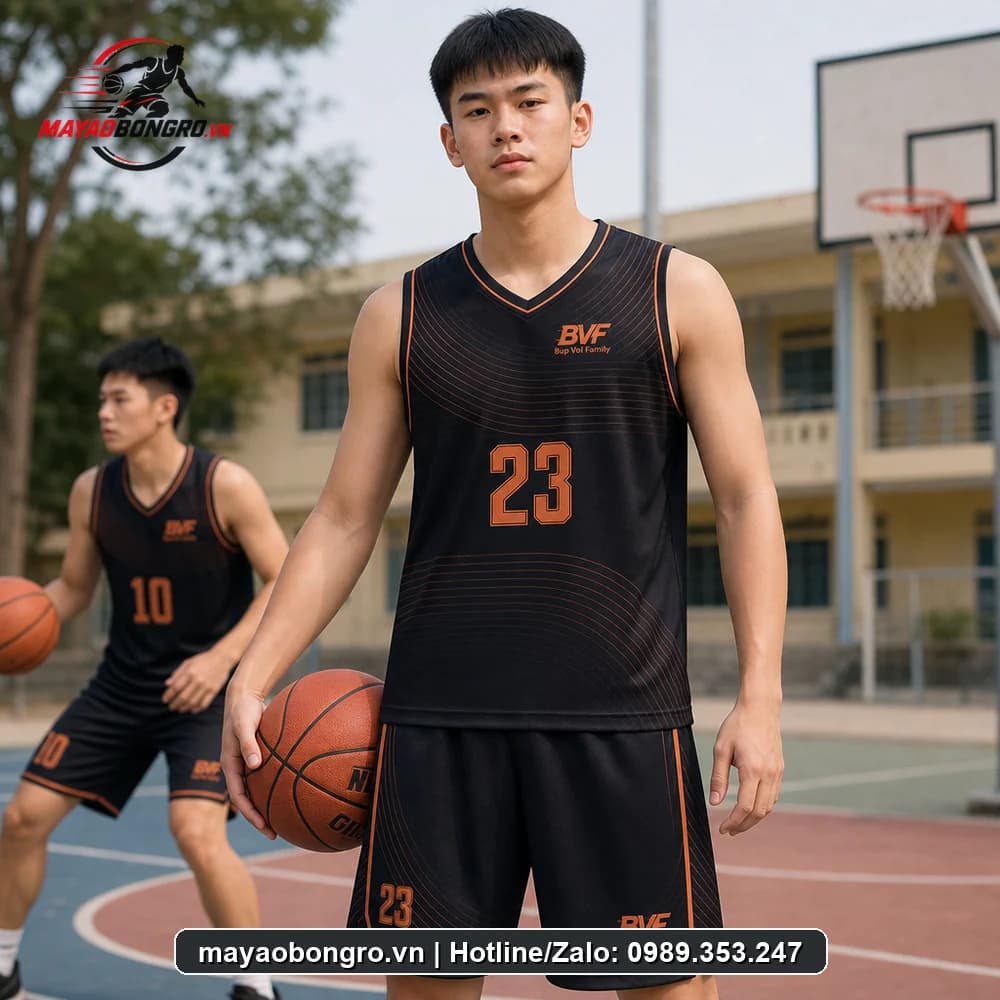 Mẫu bóng rổ team BVF màu đen cho học sinh trung học phổ thông, người lớn.