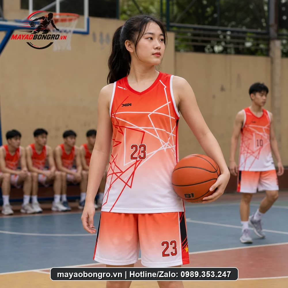 Mẫu bóng rổ Sát Nách Đỏ Cam cho học sinh trung học phổ thông, người lớn.