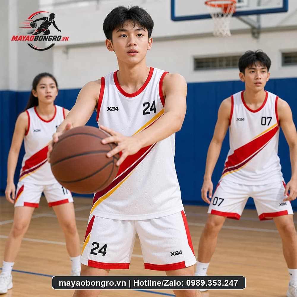 Mẫu bóng rổ Việt trắng năng động cho học sinh trung học phổ thông, người lớn.