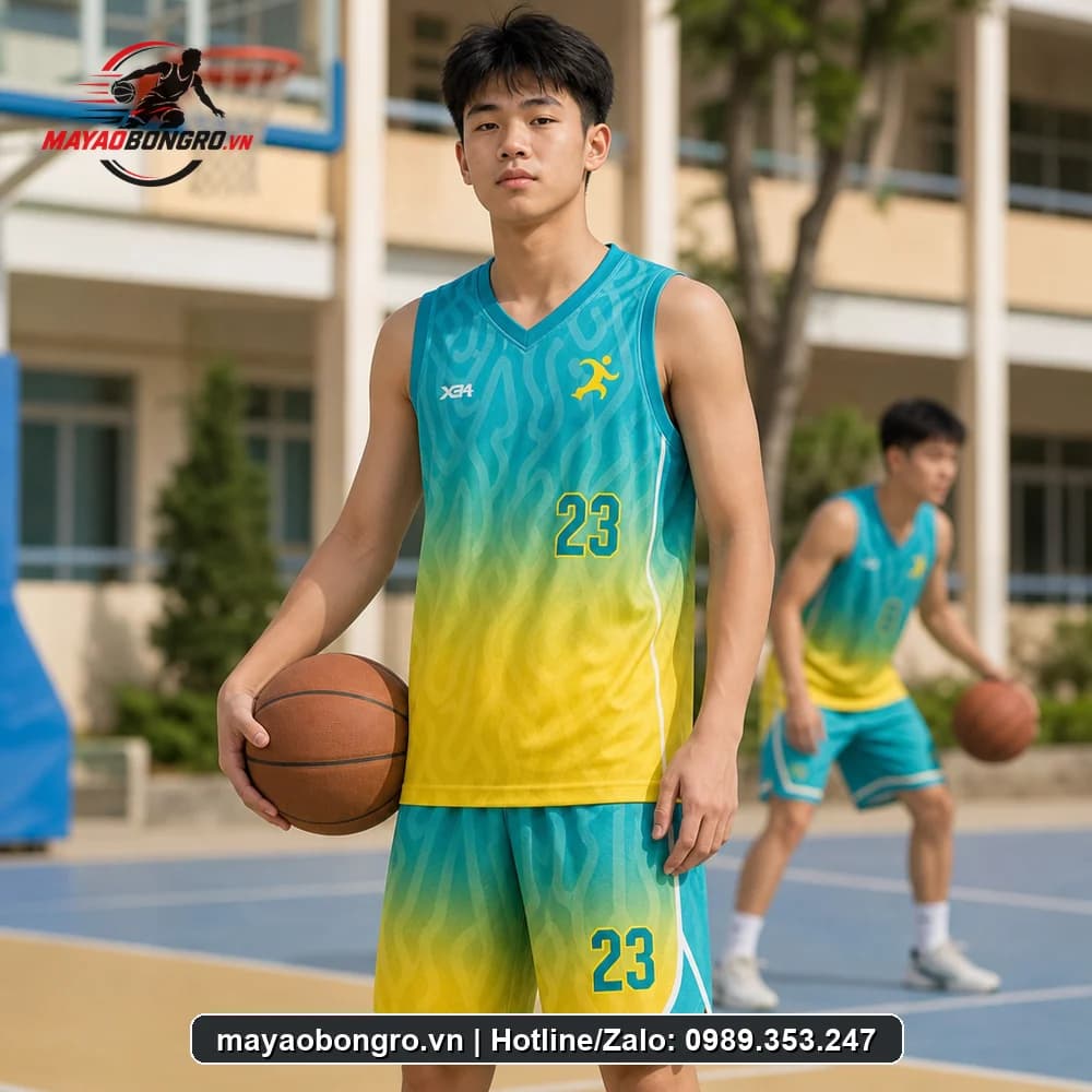 Mẫu bóng rổ xanh dương vàng Gradient cho học sinh trung học phổ thông, người lớn.