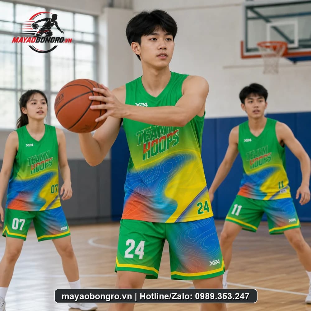 Mẫu bóng rổ Xanh Két cho học sinh trung học phổ thông, người lớn.