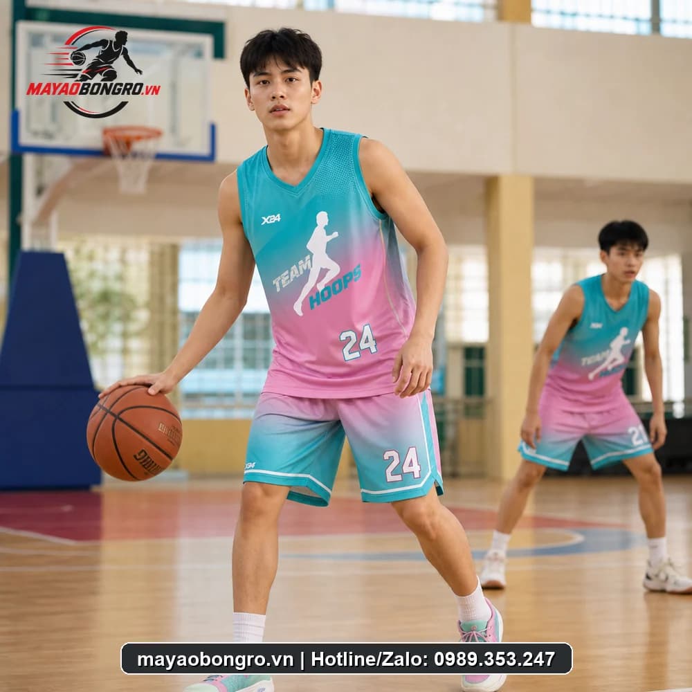 Mẫu bóng rổ Xanh Ngọc Hồng cho học sinh trung học phổ thông, người lớn.