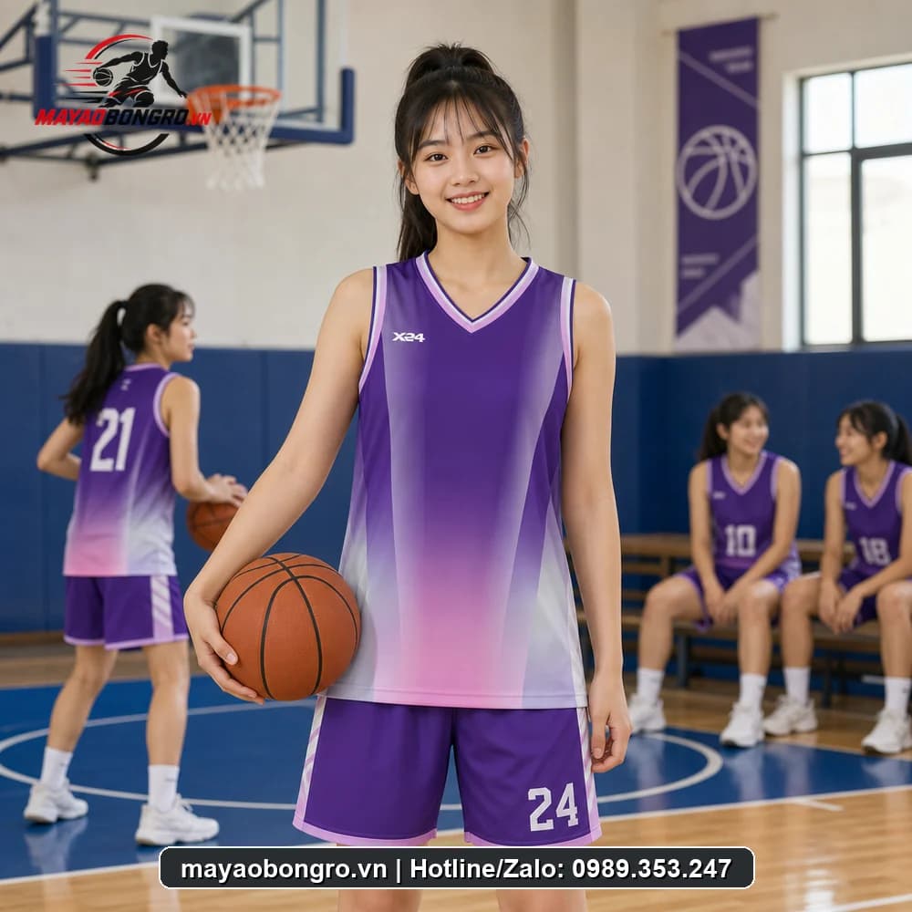 Mẫu bóng rổ phối tím hồng cho học sinh trung học phổ thông, người lớn.