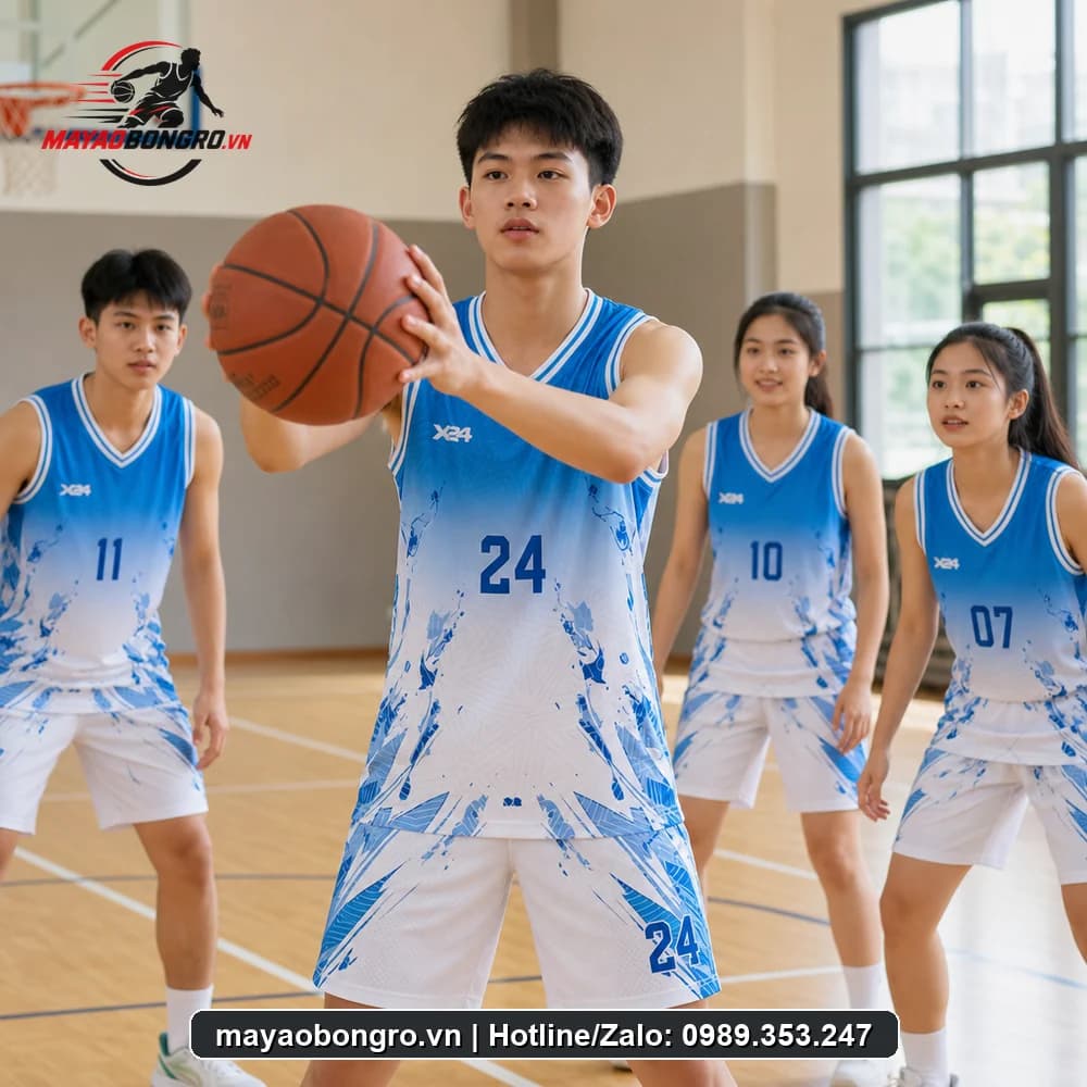 Mẫu bóng rổ màu xanh biển cho học sinh trung học phổ thông, người lớn.
