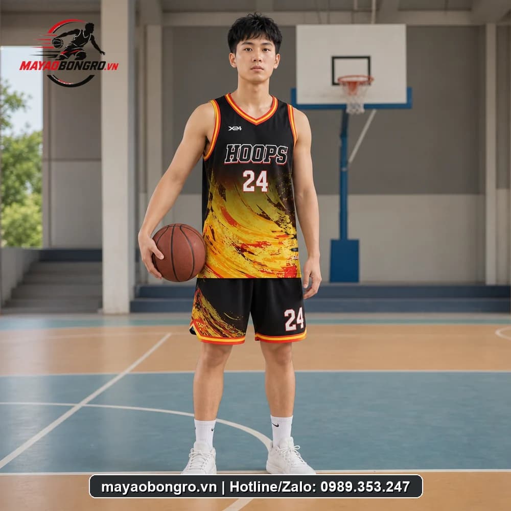 Mẫu bóng rổ Đen Họa Tiết cho học sinh trung học phổ thông, người lớn.