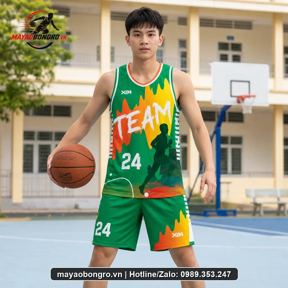 Mẫu bóng rổ Xanh Két Nổi cho học sinh trung học phổ thông, người lớn.