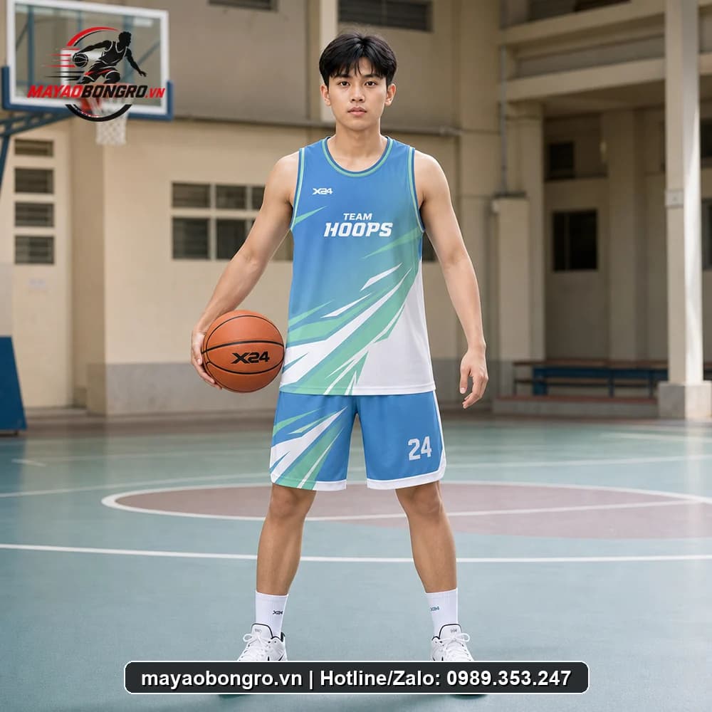Mẫu bóng rổ Xanh Dương Phối cho học sinh trung học phổ thông, người lớn.