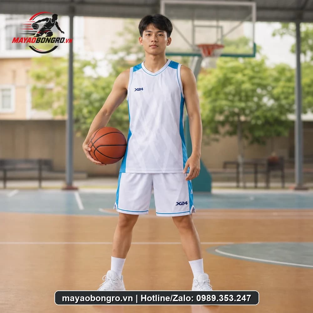 Mẫu bóng rổ Trắng Xanh Sports cho học sinh trung học phổ thông, người lớn.