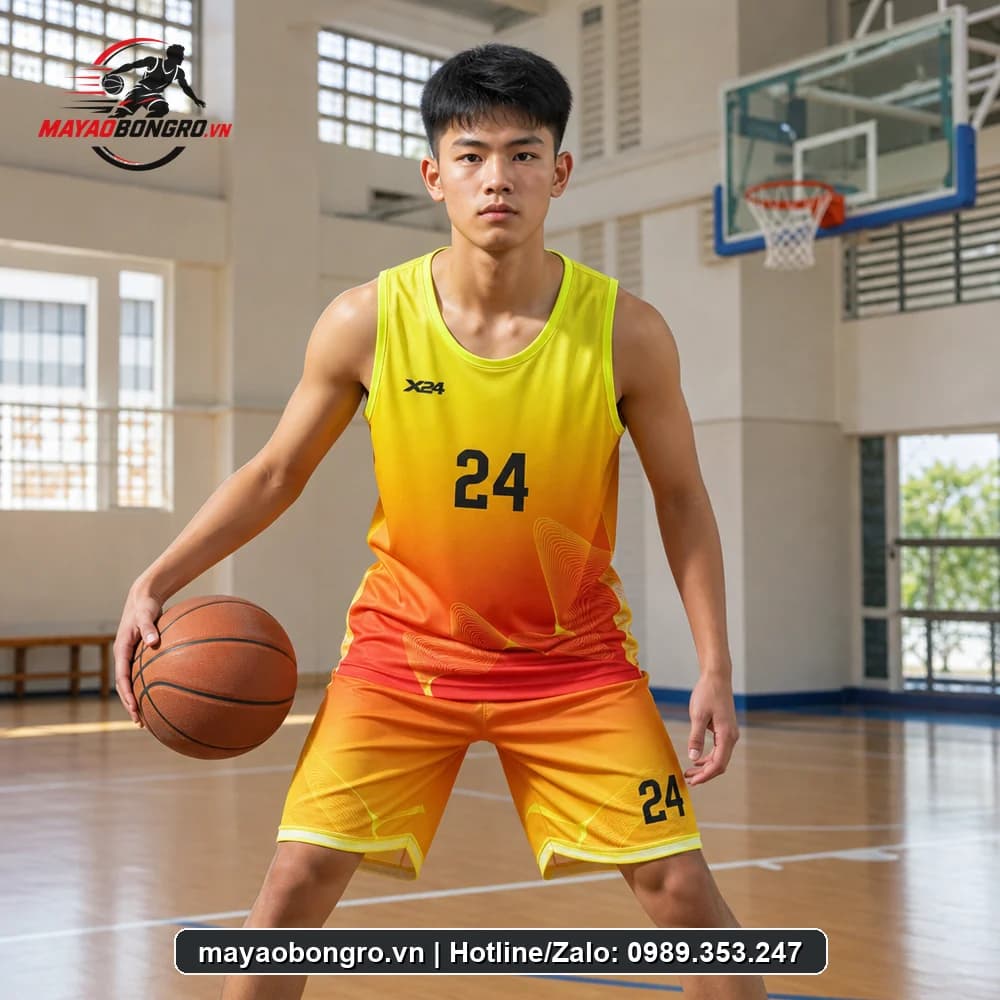 Mẫu bóng rổ gradient đỏ vàng cho học sinh trung học phổ thông, người lớn.