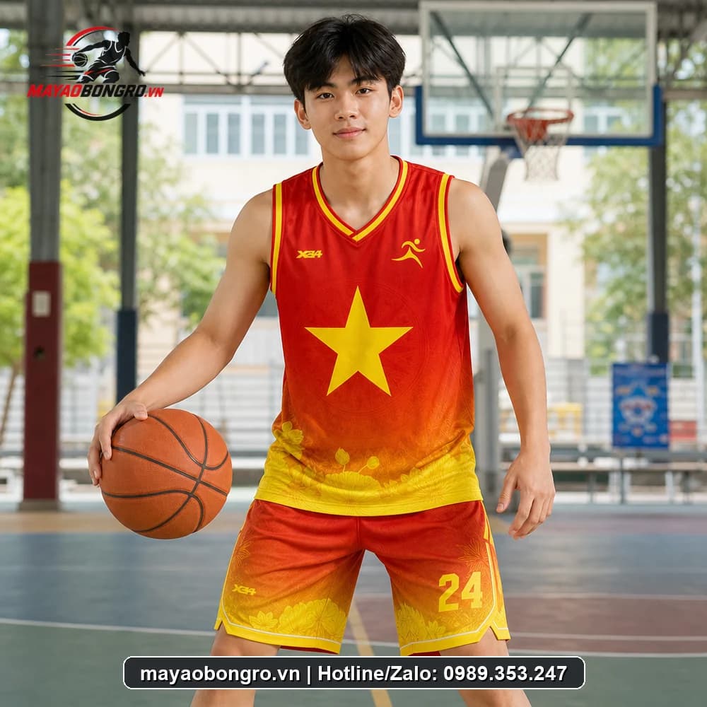 Mẫu bóng rổ Việt màu đỏ cho học sinh trung học phổ thông, người lớn.