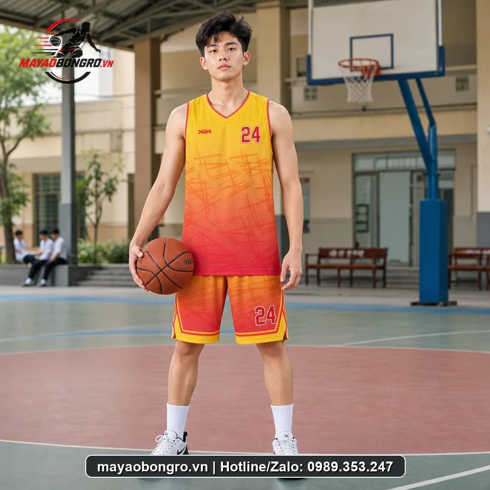 Mẫu bóng rổ cam form singlet cho học sinh trung học phổ thông, người lớn.