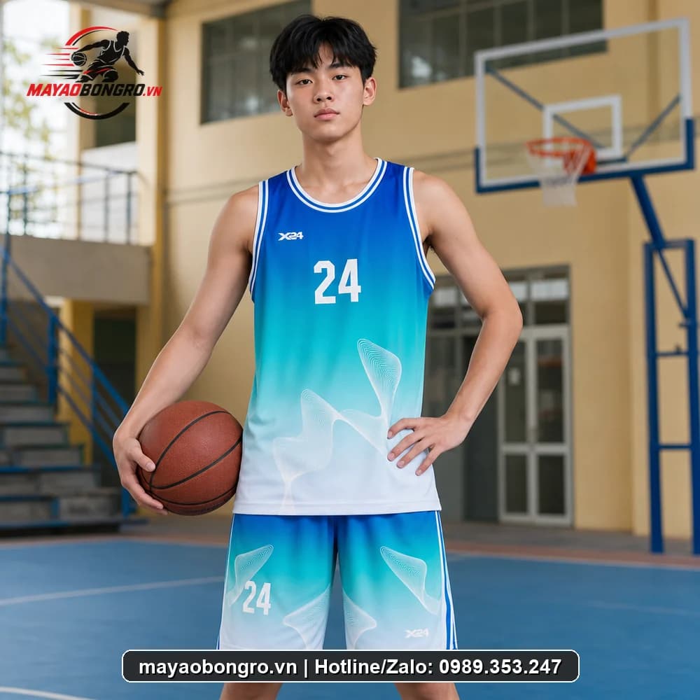 Mẫu bóng rổ màu gradient xanh cho học sinh trung học phổ thông, người lớn.