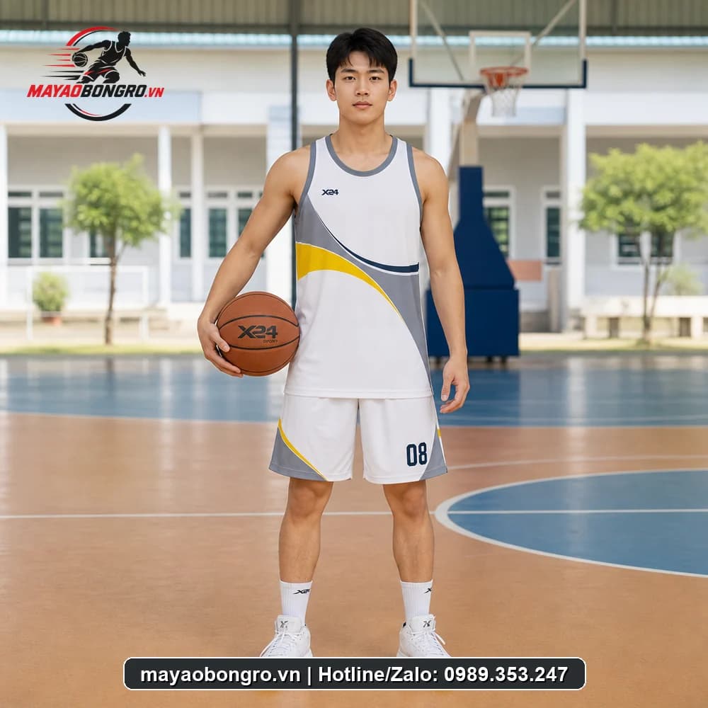 Mẫu bóng rổ trắng phối xám cho học sinh trung học phổ thông, người lớn.