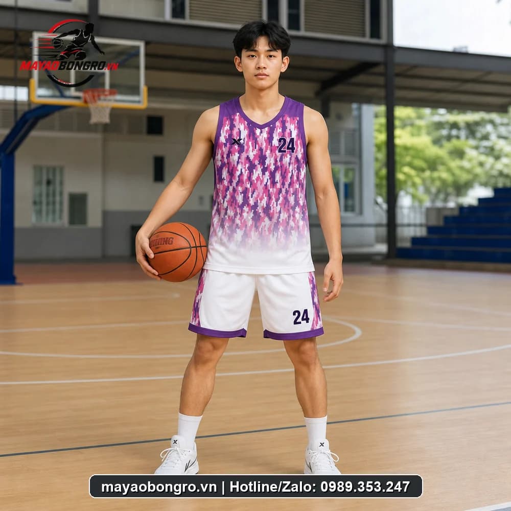 Mẫu bóng rổ tím phối trắng cho học sinh trung học phổ thông, người lớn.