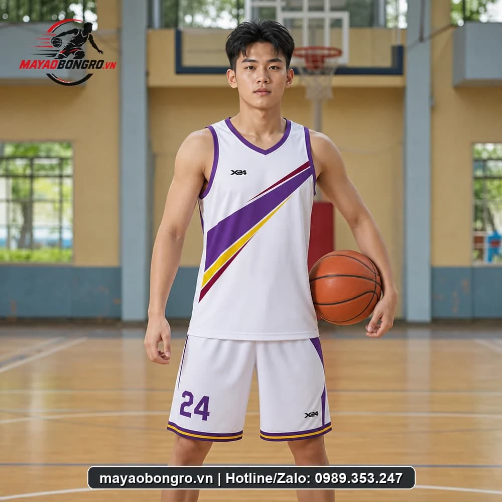Mẫu bóng rổ trắng phối tím cho học sinh trung học phổ thông, người lớn.