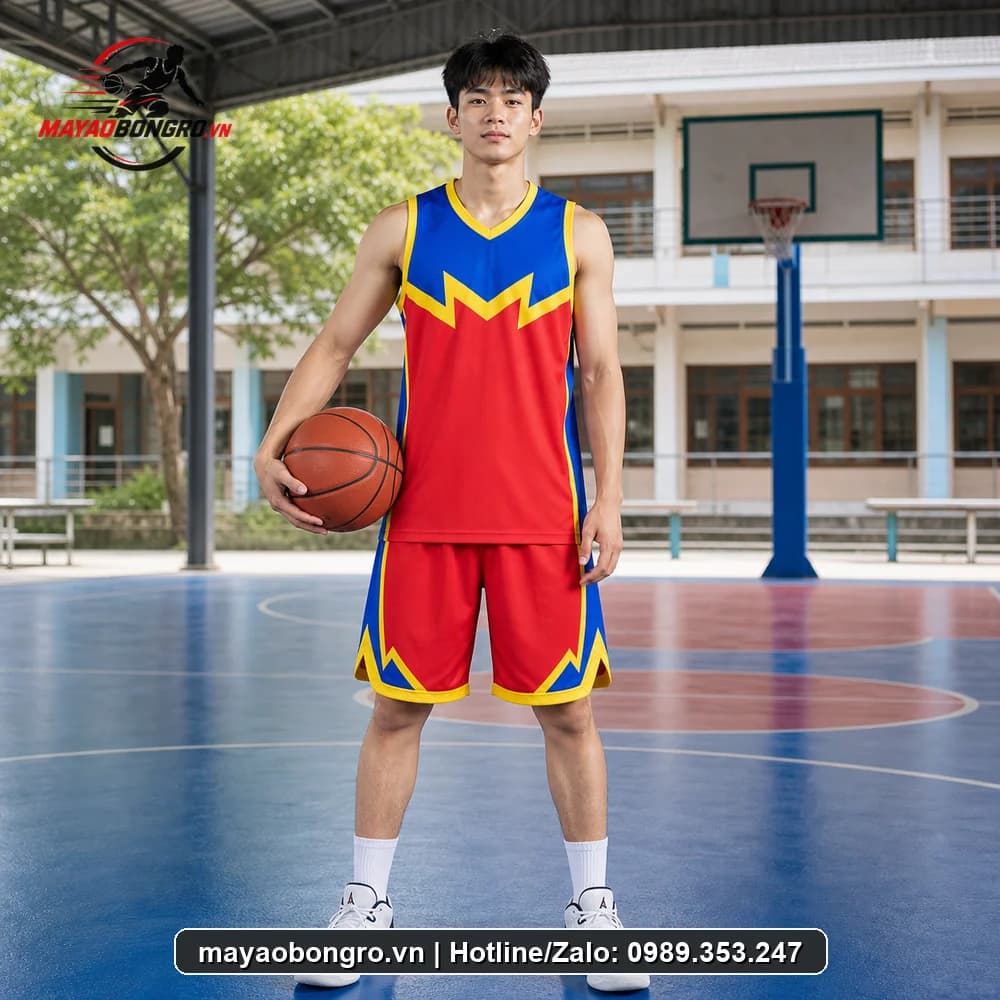 Mẫu bóng rổ Đỏ Phối Xanh cho học sinh trung học phổ thông, người lớn.