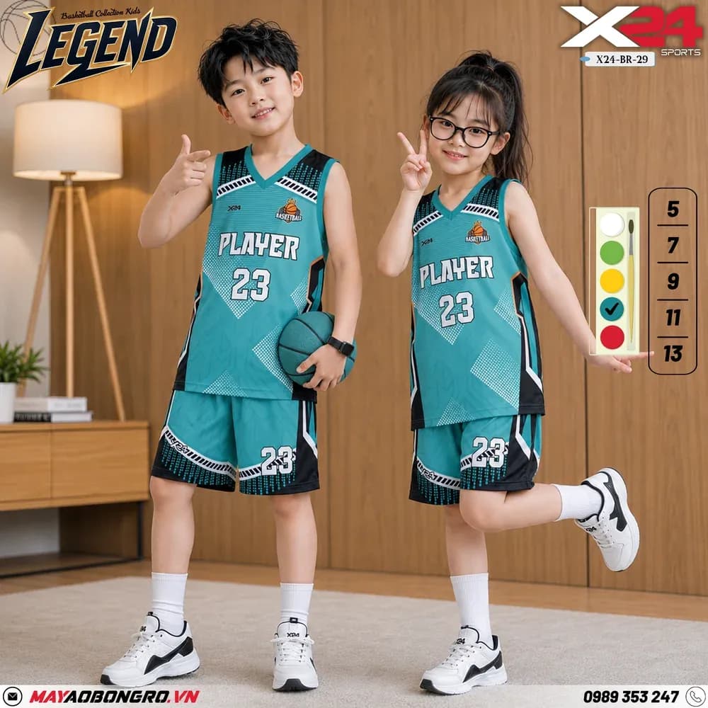 Mẫu áo bóng rổ trẻ em mẫu thiết kế riêng màu Xanh ngọc tại X24 Sport