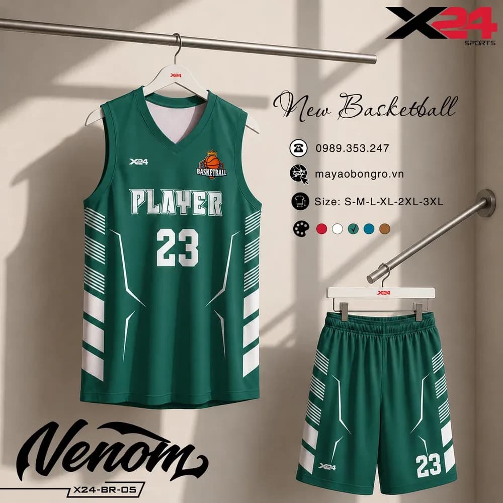 Mẫu áo bóng rổ trẻ em X24-BR-05 màu Trắng, Xanh lá tại X24 Sport