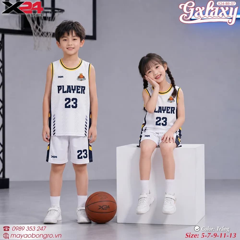 Mẫu áo bóng rổ trẻ em X24-BR-07 màu Trắng tại X24 Sport