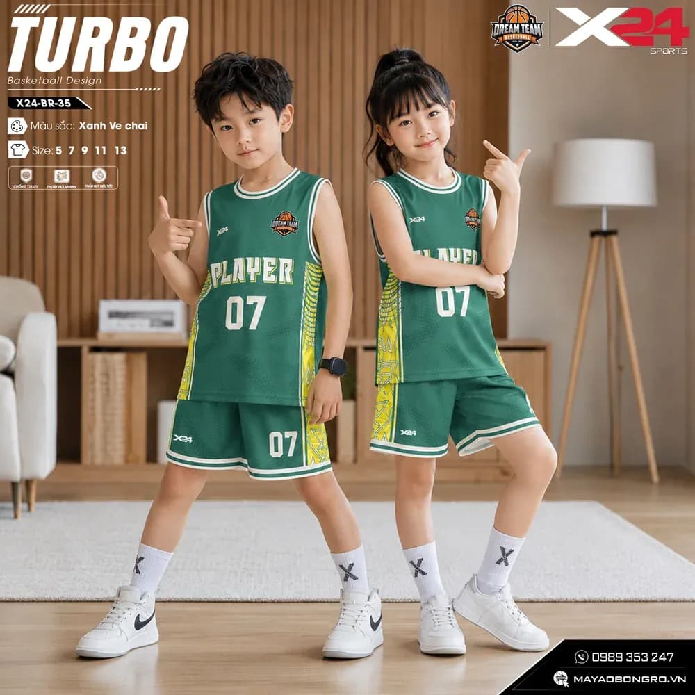 Mẫu áo bóng rổ trẻ em mẫu thiết kế riêng màu Xanh ve chai tại X24 Sport