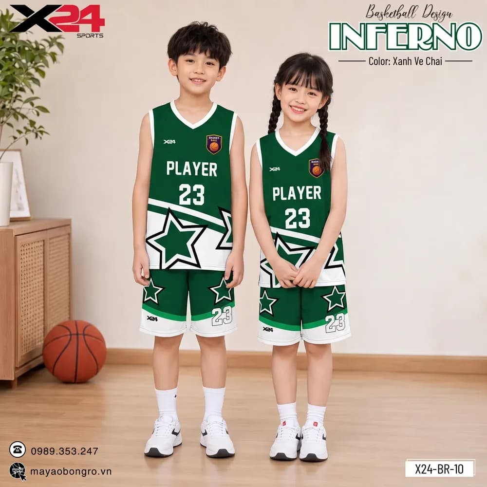 Mẫu áo bóng rổ trẻ em X24-BR-10 màu Xanh ve chai tại X24 Sport