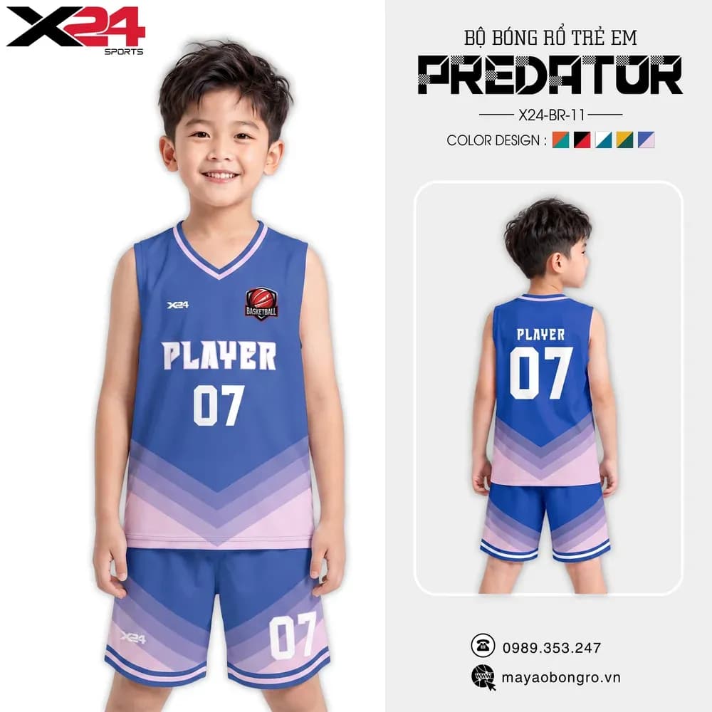 Mẫu áo bóng rổ trẻ em X24-BR-11 màu Trắng, Xanh dương tại X24 Sport