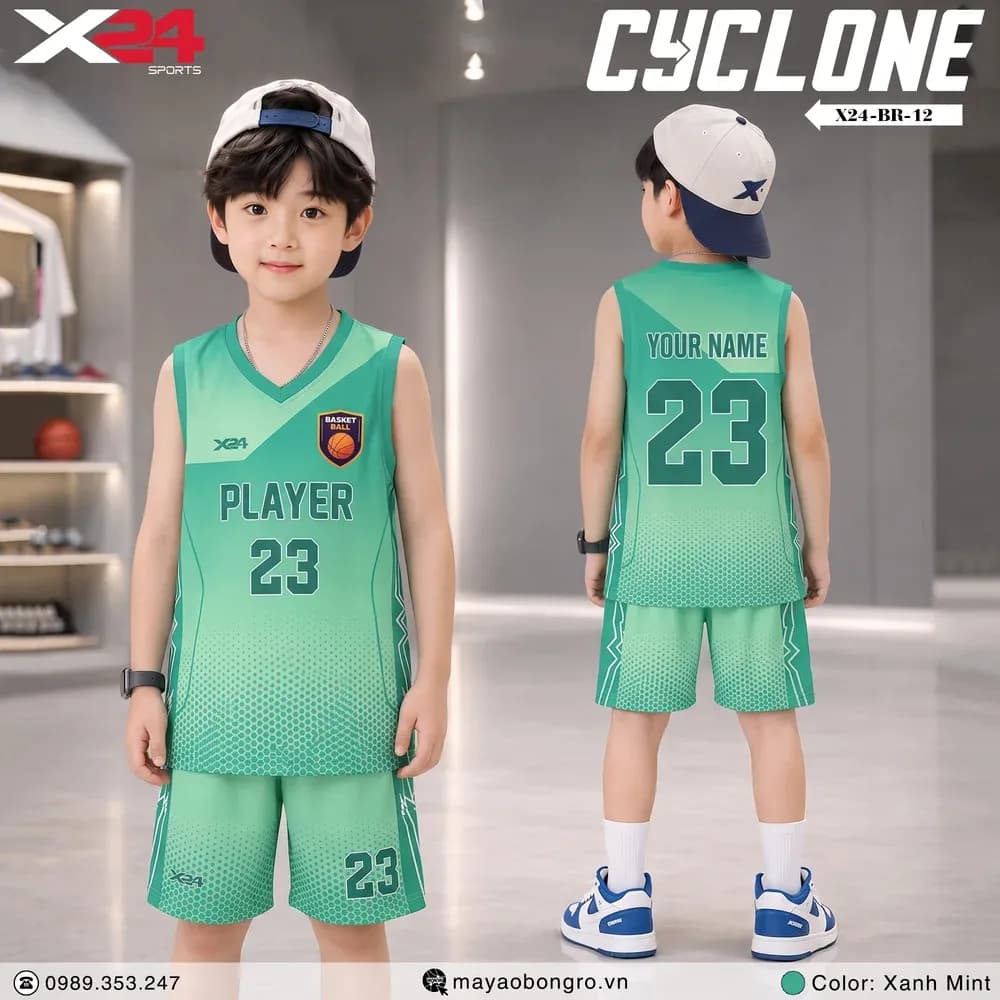 Mẫu áo bóng rổ trẻ em X24-BR-12 màu Xanh ngọc tại X24 Sport
