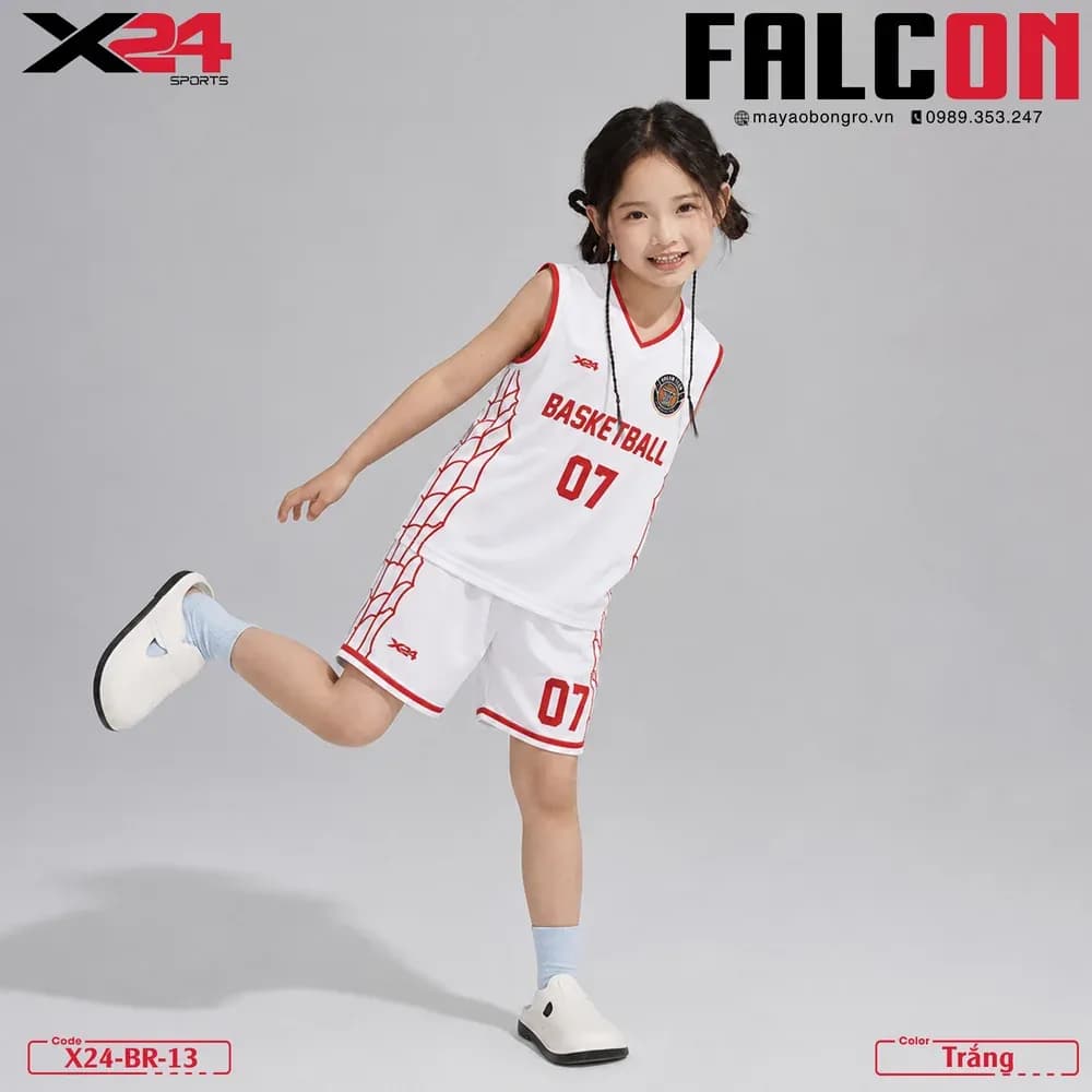 Mẫu áo bóng rổ trẻ em X24-BR-13 màu Trắng tại X24 Sport
