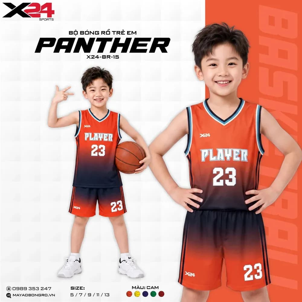 Mẫu áo bóng rổ trẻ em X24-BR-15 màu Cam tại X24 Sport