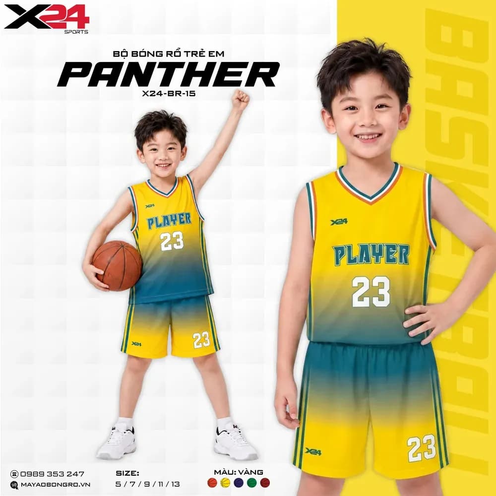 Mẫu áo bóng rổ trẻ em X24-BR-15 màu Vàng tại X24 Sport
