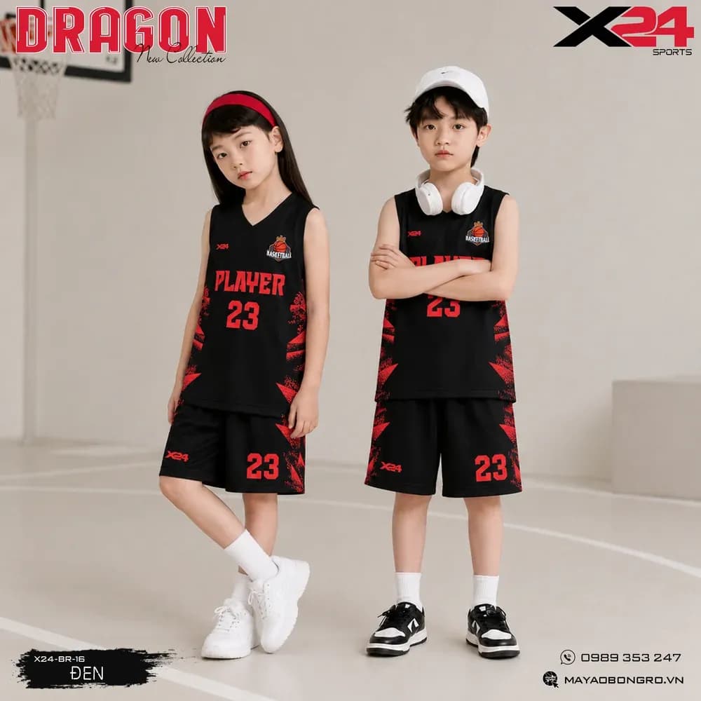 Mẫu áo bóng rổ trẻ em X24-BR-16 màu Đen tại X24 Sport