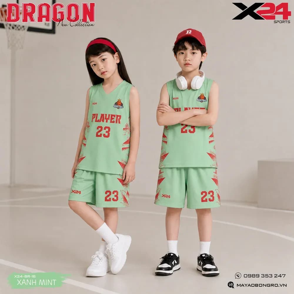 Mẫu áo bóng rổ trẻ em X24-BR-16 màu Xanh ngọc tại X24 Sport