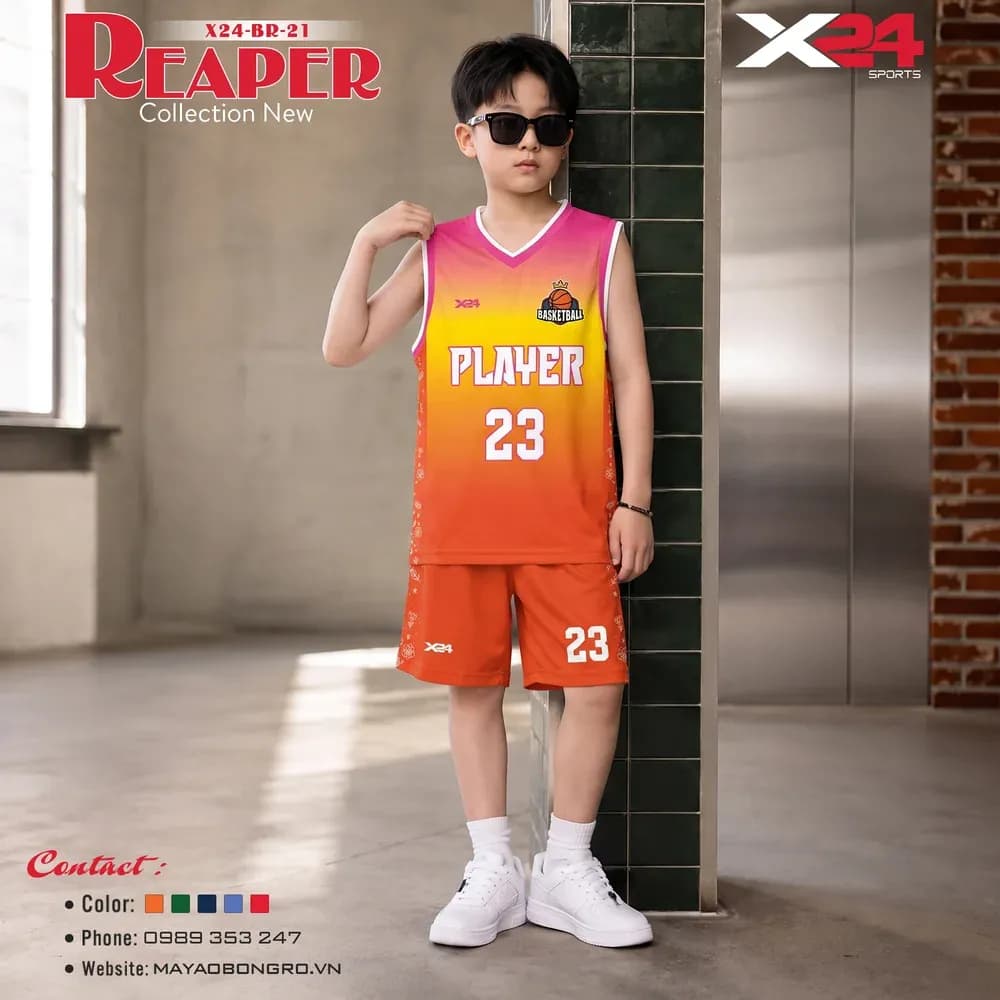 Mẫu áo bóng rổ trẻ em X24-BR-21 màu Cam tại X24 Sport