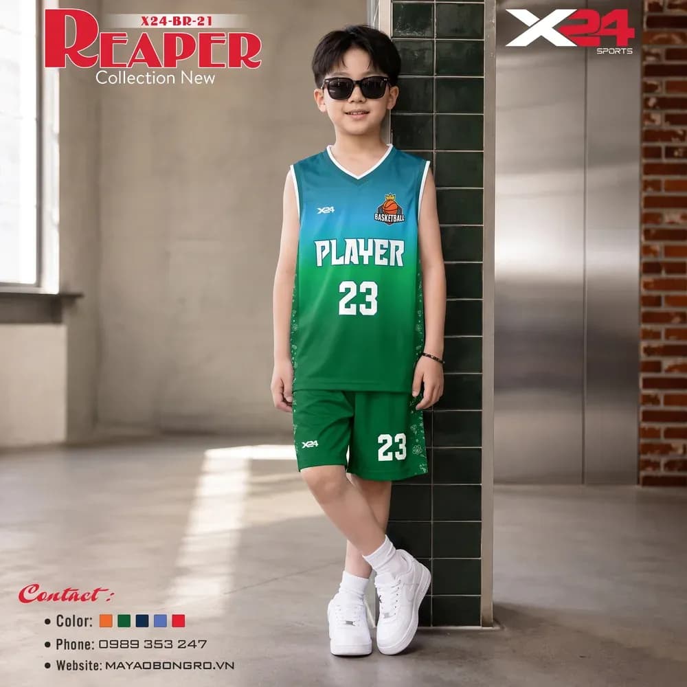 Mẫu áo bóng rổ trẻ em X24-BR-21 màu Xanh ve chai tại X24 Sport