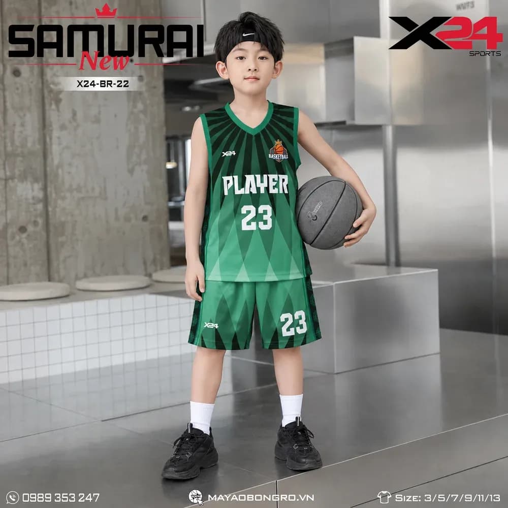 Mẫu áo bóng rổ trẻ em X24-BR-22 màu Xanh ve chai tại X24 Sport