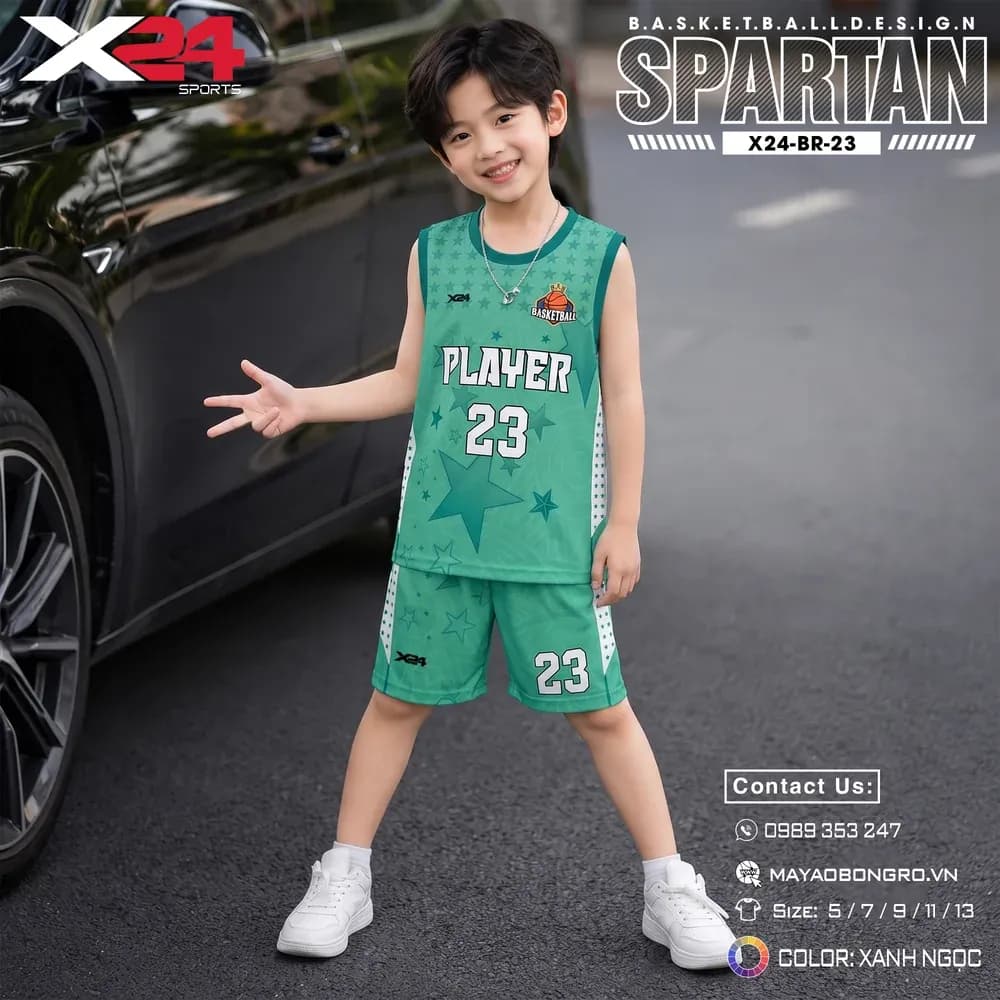 Mẫu áo bóng rổ trẻ em X24-BR-23 màu Xanh ngọc tại X24 Sport