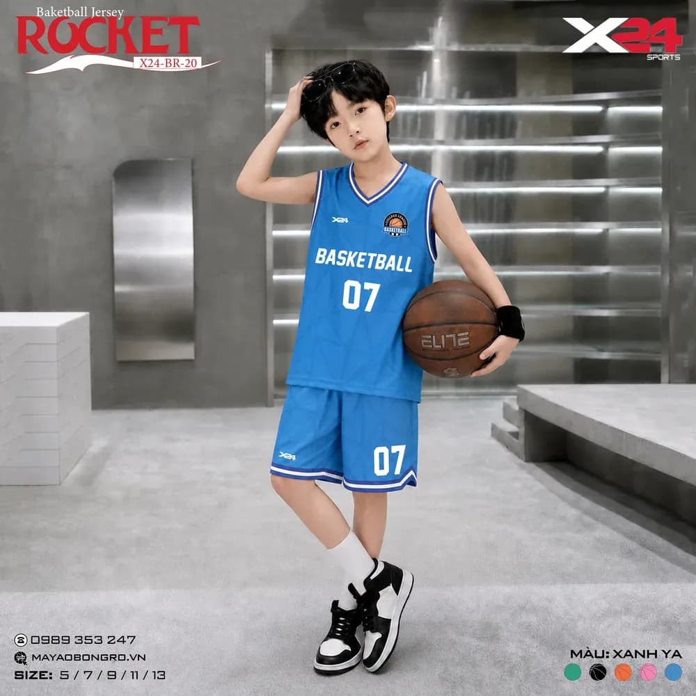 Mẫu áo bóng rổ trẻ em mẫu thiết kế riêng Rocket màu Xanh dương tại X24 Sport