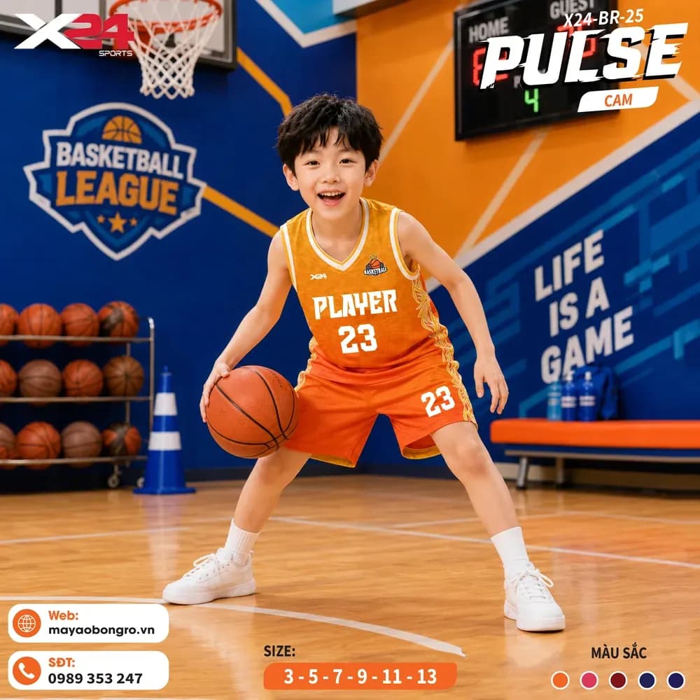 Mẫu áo bóng rổ trẻ em X24-BR-25 màu Cam tại X24 Sport