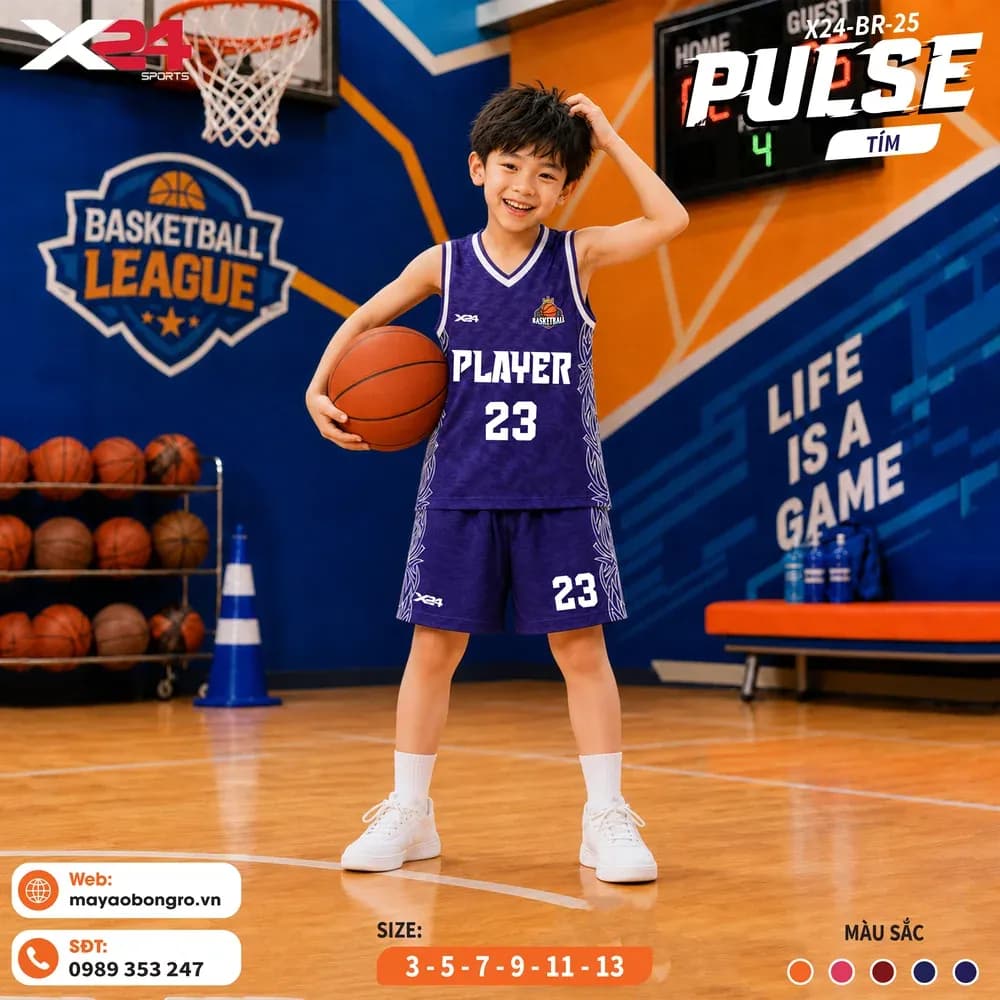 Mẫu áo bóng rổ trẻ em X24-BR-25 màu Tím tại X24 Sport