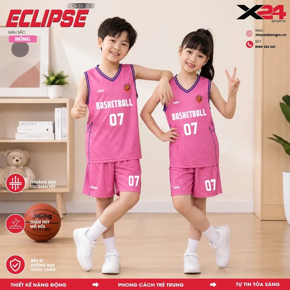 Mẫu áo bóng rổ trẻ em X24-BR-26 Eclipse màu Hồng tại X24 Sport