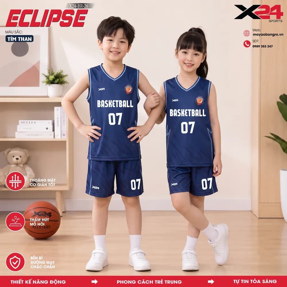 Mẫu áo bóng rổ trẻ em X24-BR-26 Eclipse màu Tím than tại X24 Sport