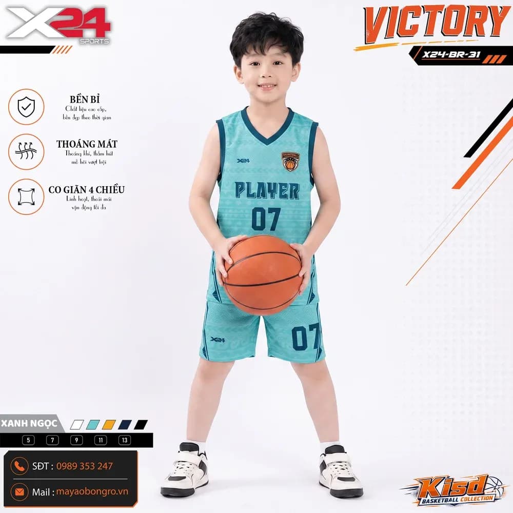 Mẫu áo bóng rổ trẻ em mẫu thiết kế riêng màu Xanh ngọc tại X24 Sport